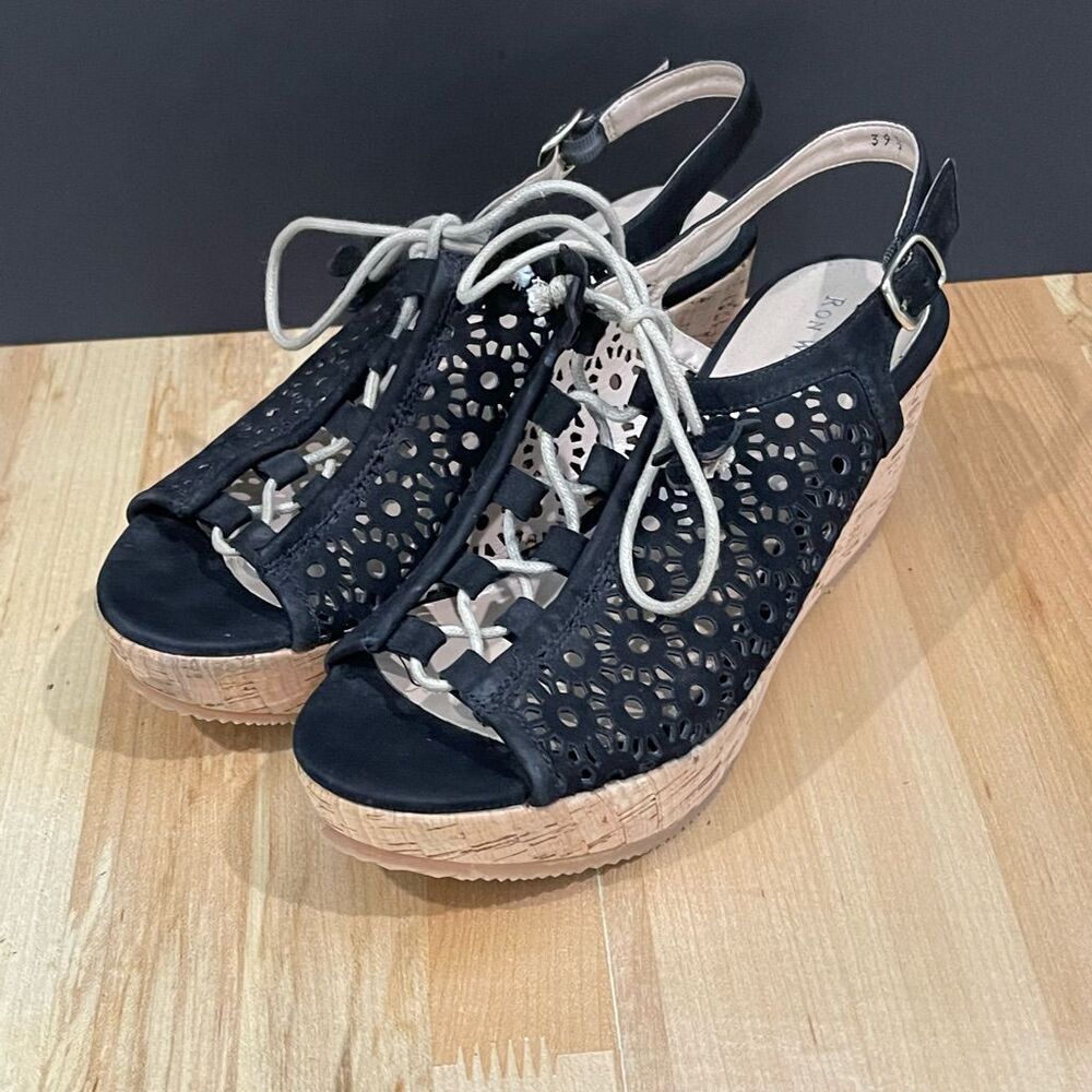 Ron White  Black Lace-Up Wedge Cork Sandals